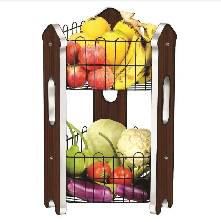 2TIER Fruit Basket/Vagetabal Stand premium Laminated wood Board with Matte Black Wire _Stylish Organizers for Fresh produce