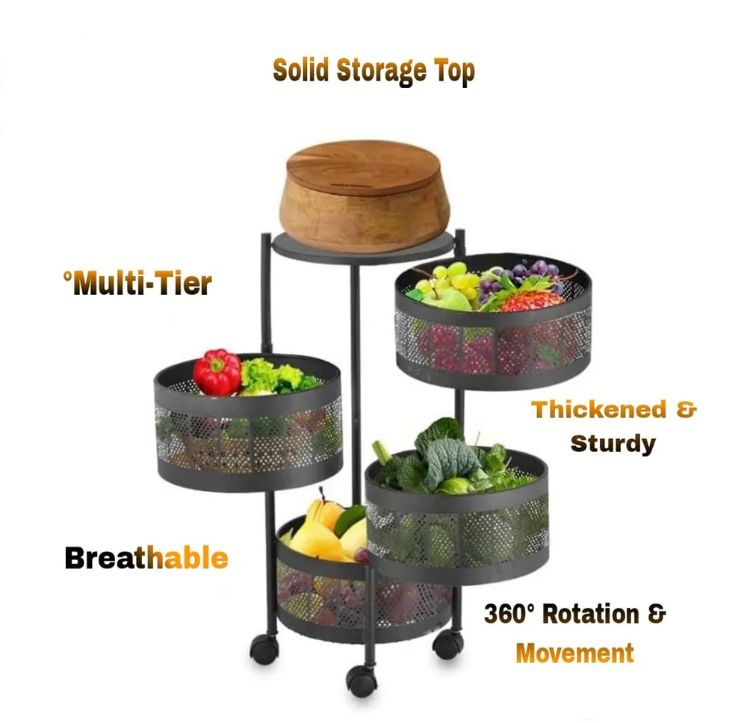 4Tier Square Vagitabal &Fruit Organizer Basket Degree Rotating Moveable Rack for kitchen Storage Baskets