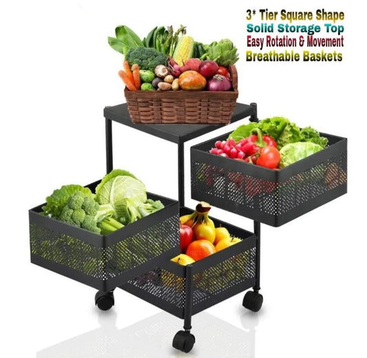 3Tier Square Vagitabal &Fruit Organizer Basket Degree Rotating Moveable Rack for kitchen Storage Baskets