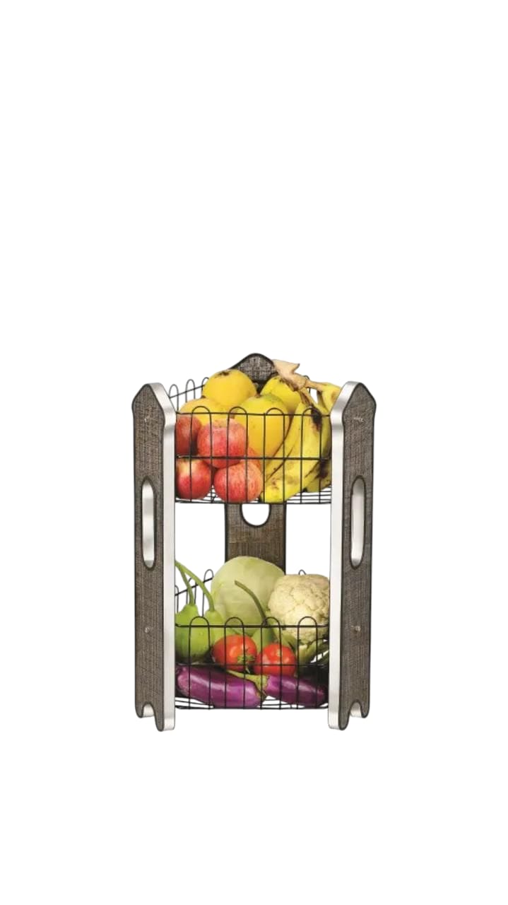 2TIER Fruit Basket/Vagetabal Stand premium Laminated wood Board with Matte Black Wire _Stylish Organizers for Fresh produce